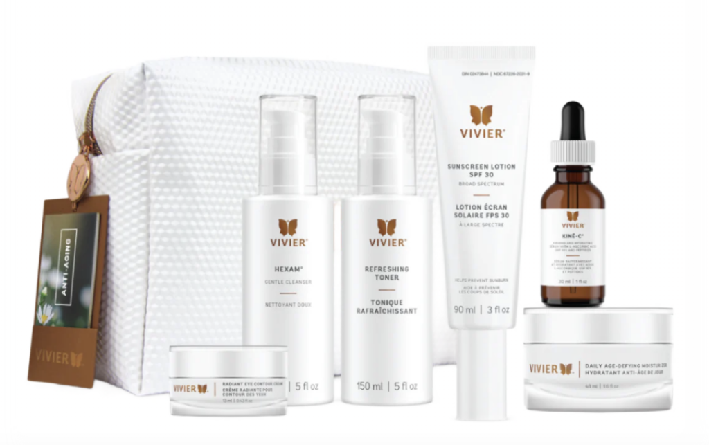 An image showcasing Vivier's Anti-Aging Program for skin health which features six full size pharmaceutical grade skincare products and an elegant cosmetic bag.